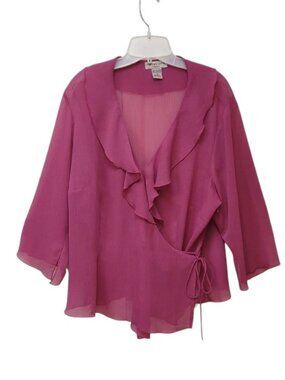 Notations Mauve Pink Sheer Wrap Cascading Ruffle Trim V-Neck Bell Sleeve Blouse
